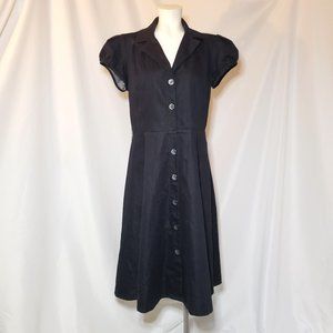 Retro Dark Academia Cap Sleeve Button Up Fit & Flare Black Minimalist Midi Dress